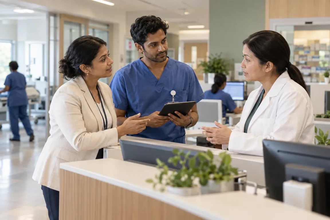 Illustration of hospital staff coordinating at a care desk