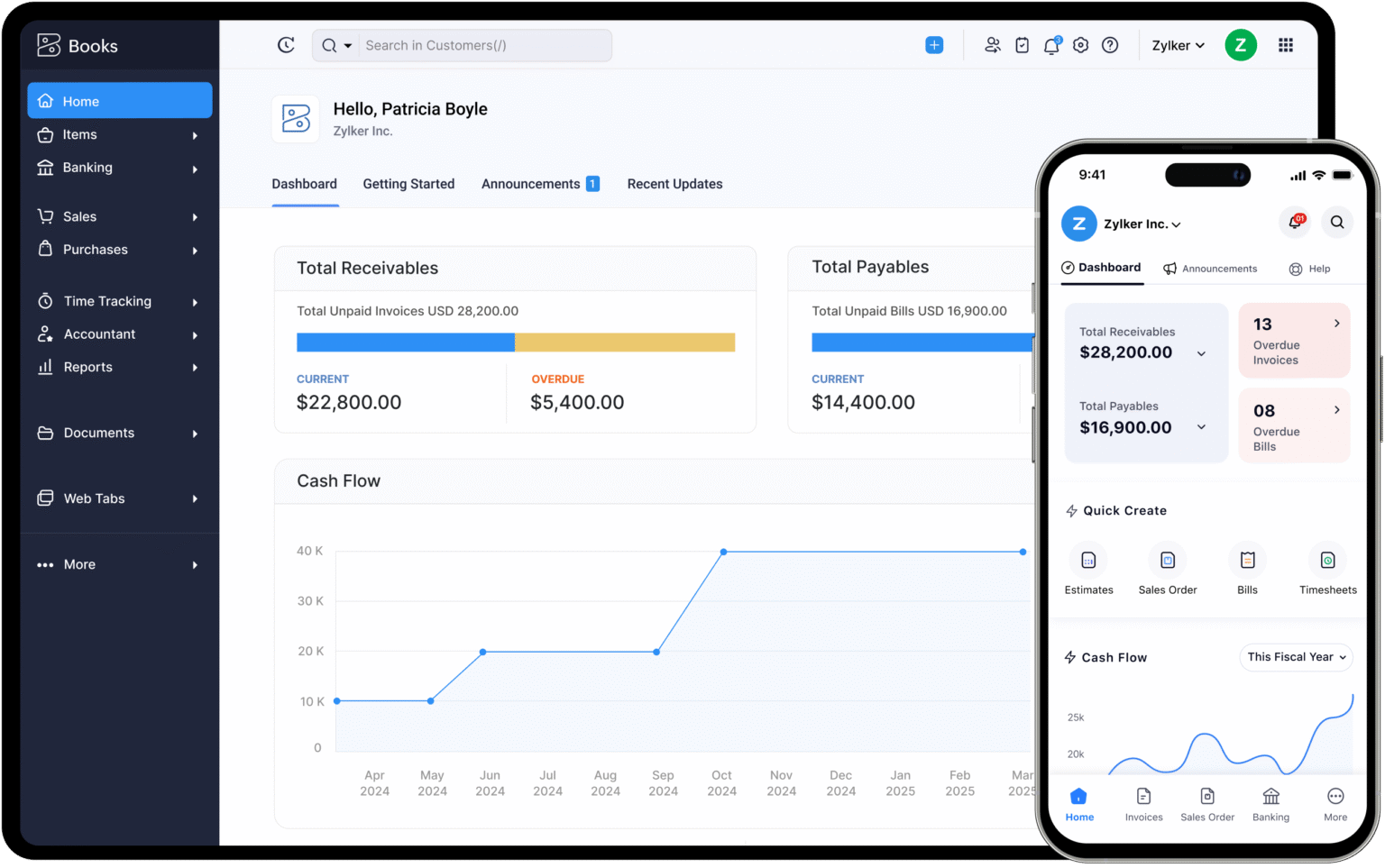 Zoho Books mobile app and client portal interface