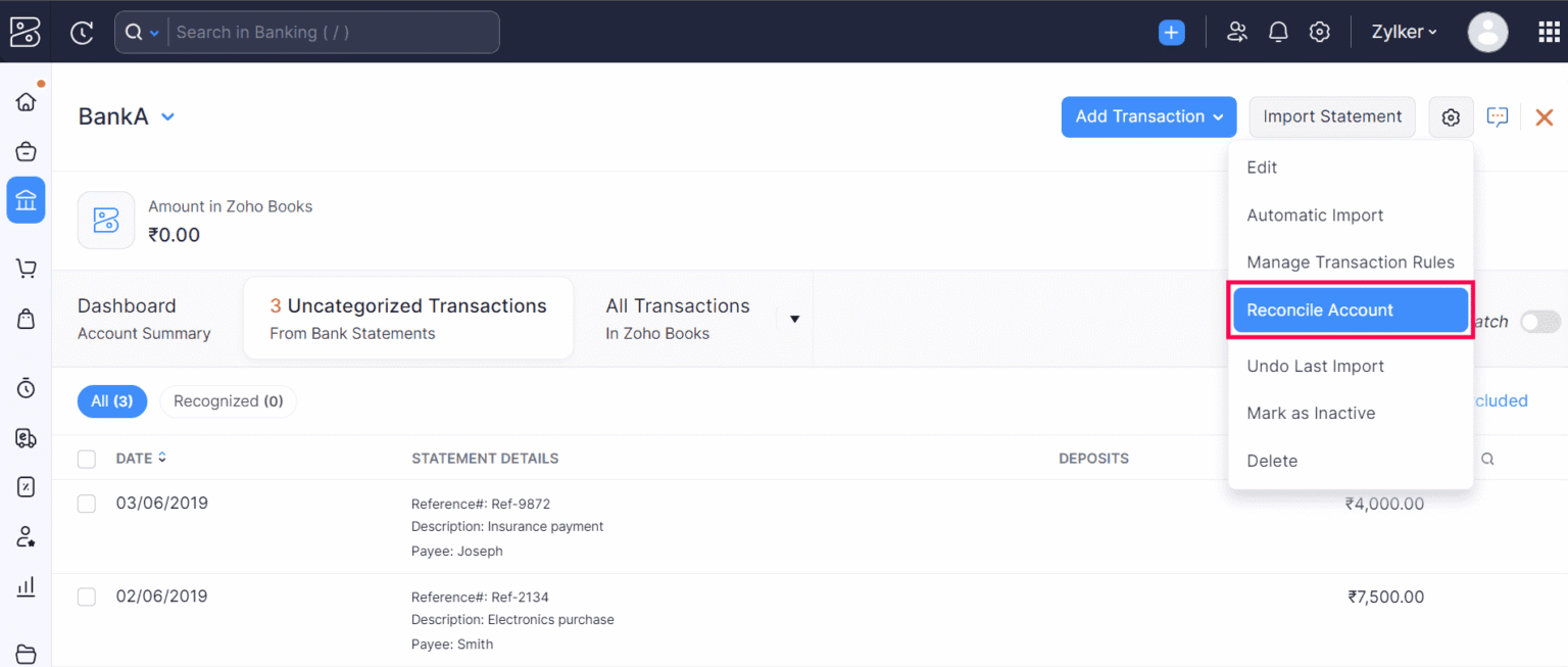 Zoho Books automated banking and bank reconciliation screen