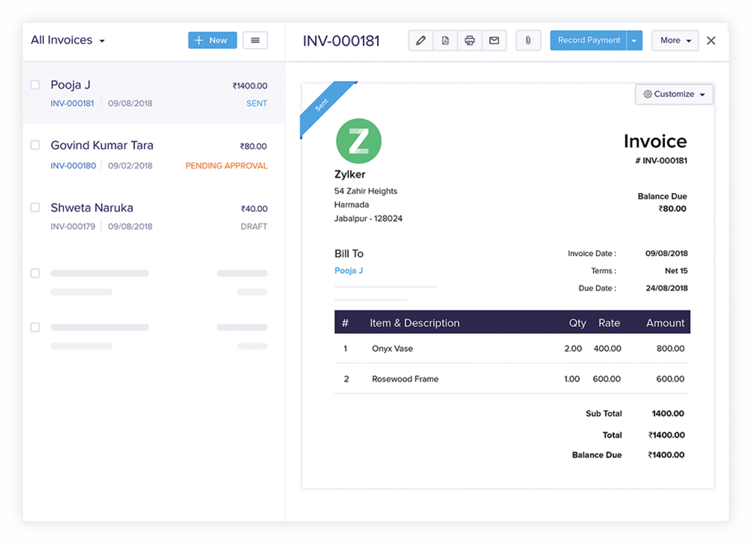 Zoho Books invoicing interface showing professional invoice creation